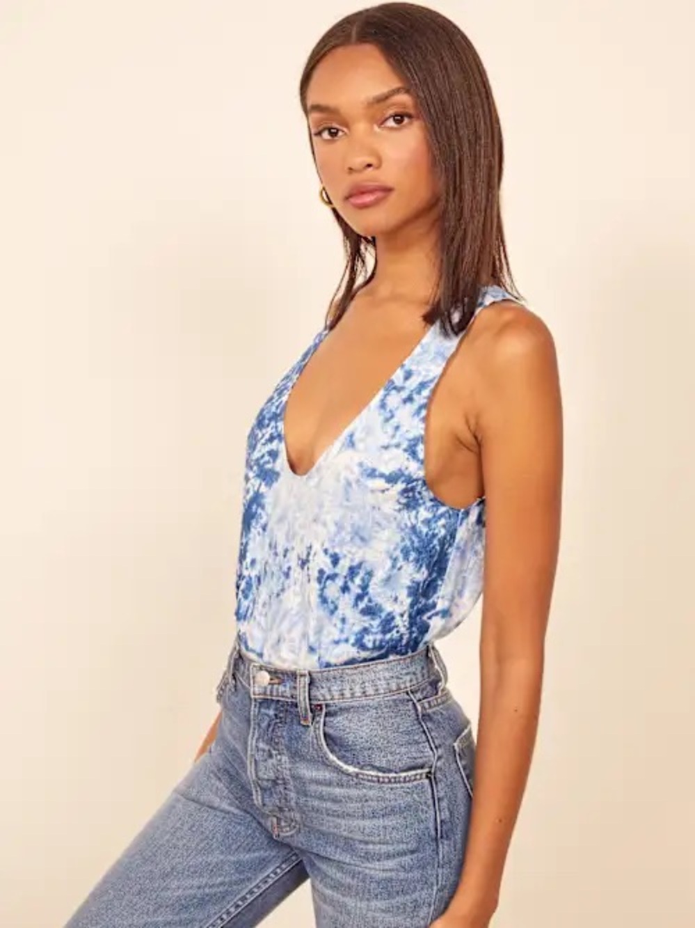Reformation 100% Linen Blue Tie-Dye V-Neck Camisole
